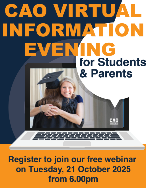 CAO Virtual Information Evening for Students & Parents - Tuesday, 21 October 2025, from 6.00pm